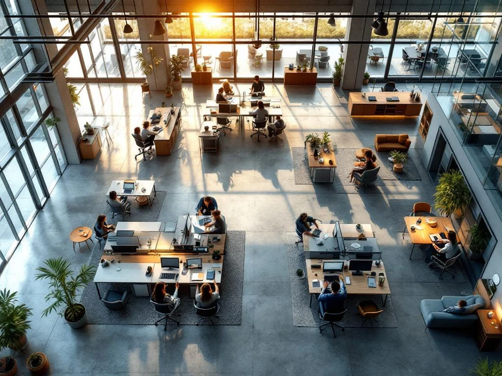 Aerial view of modern open-plan office with 80 workstations, glass meeting rooms, and natural lighting through windows
