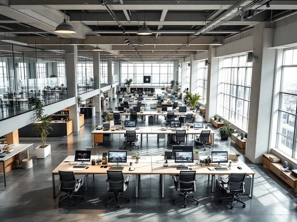 Modern open-plan office space with 75 workstations, floor-to-ceiling windows, and glass meeting rooms in minimalist design