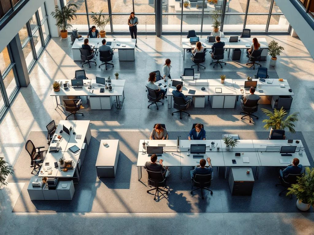 Modern open-plan office with 20 empty workstations in collaborative clusters, featuring natural lighting and glass partitions.