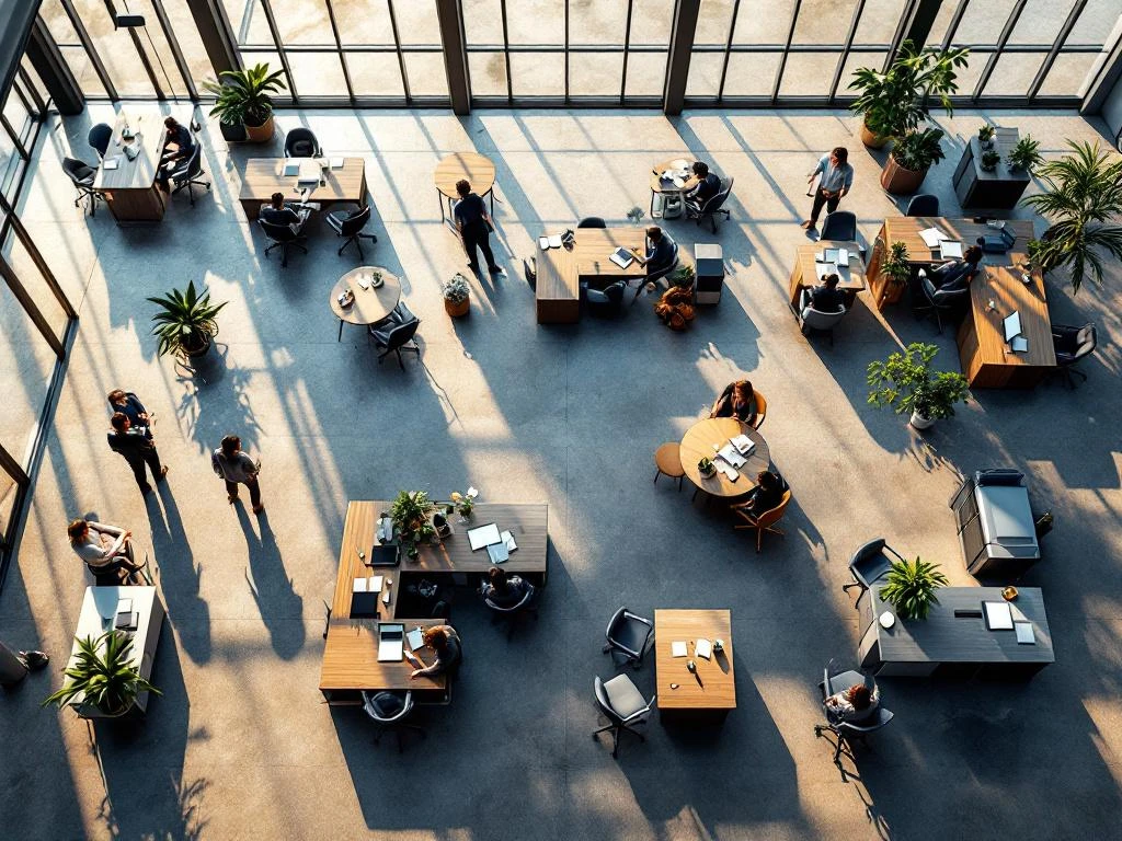 Aerial view of modern open-plan office with modular furniture, glass partitions, and flexible workspace configurations