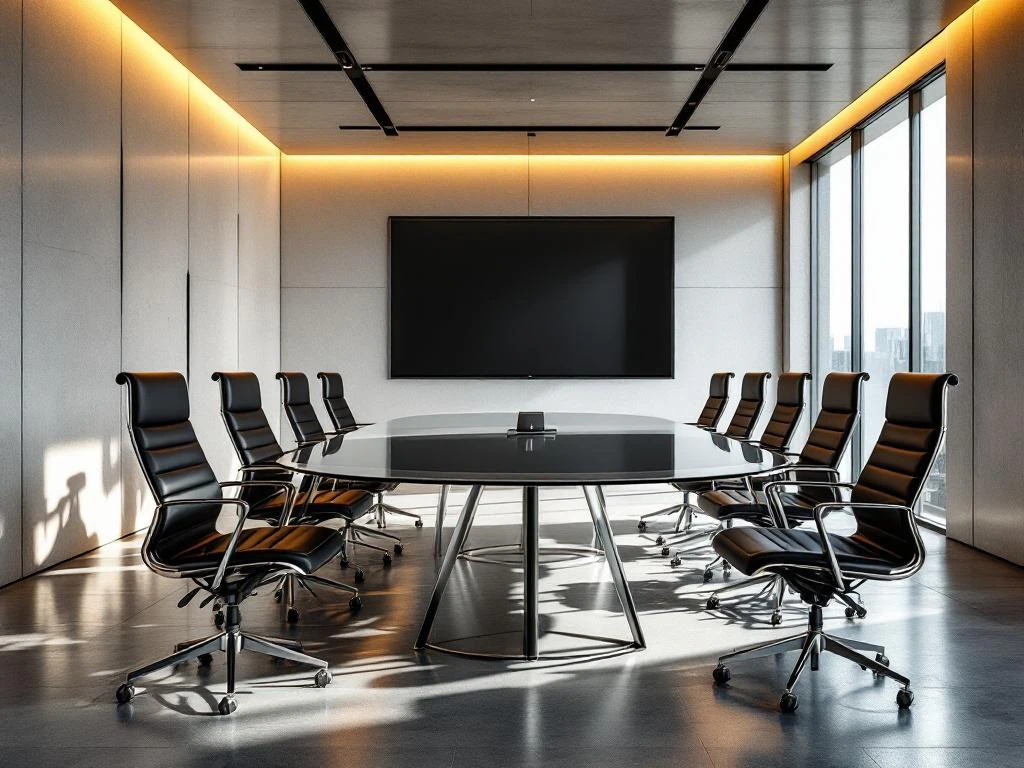Modern conference room with oval glass table, black leather chairs, floor-to-ceiling windows, and flat-screen display.
