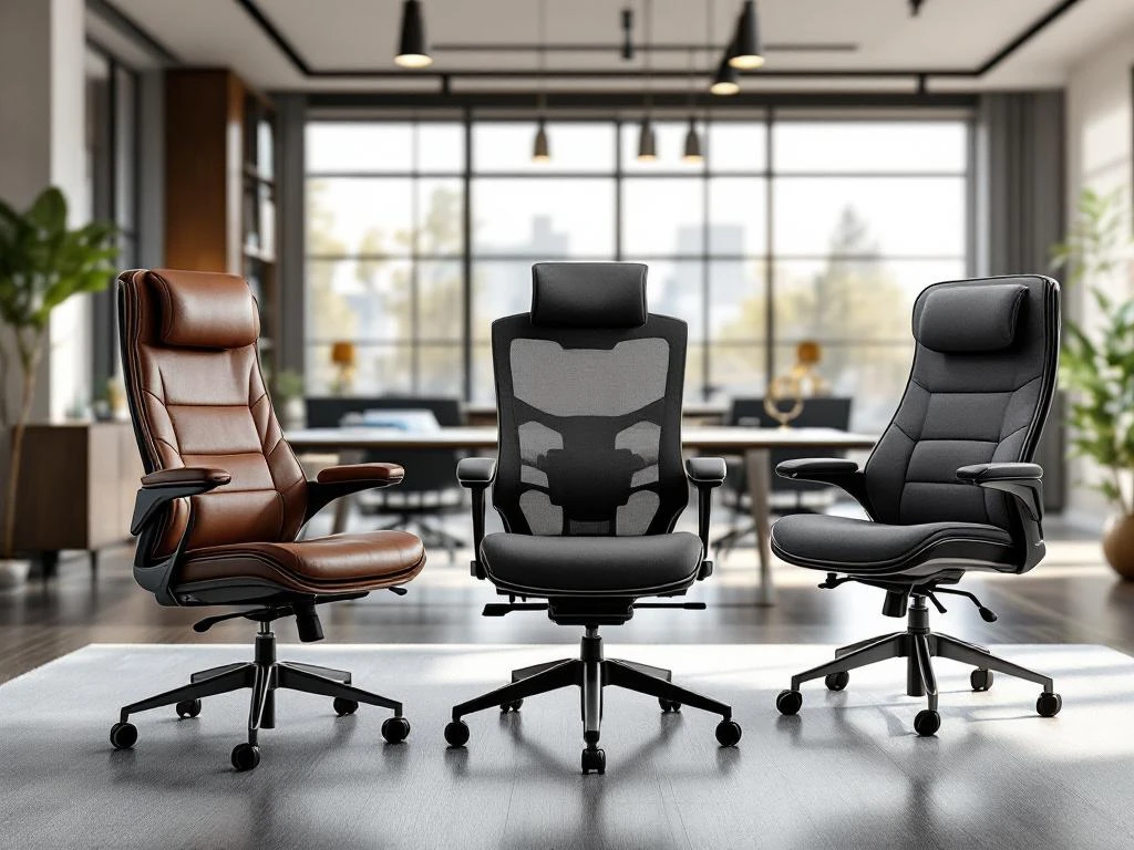 Three premium office chairs in leather, mesh, and fabric displayed in modern office with floor-to-ceiling windows and natural light.