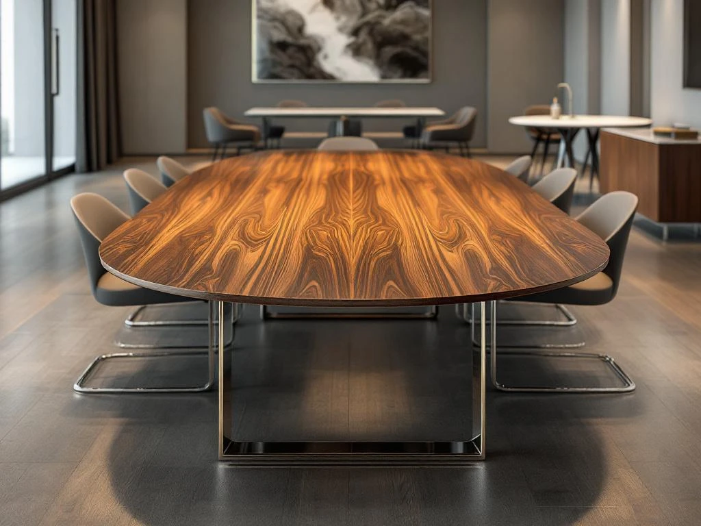 Modern conference room with oval wooden table, glass table, and marble table surrounded by contemporary office chairs