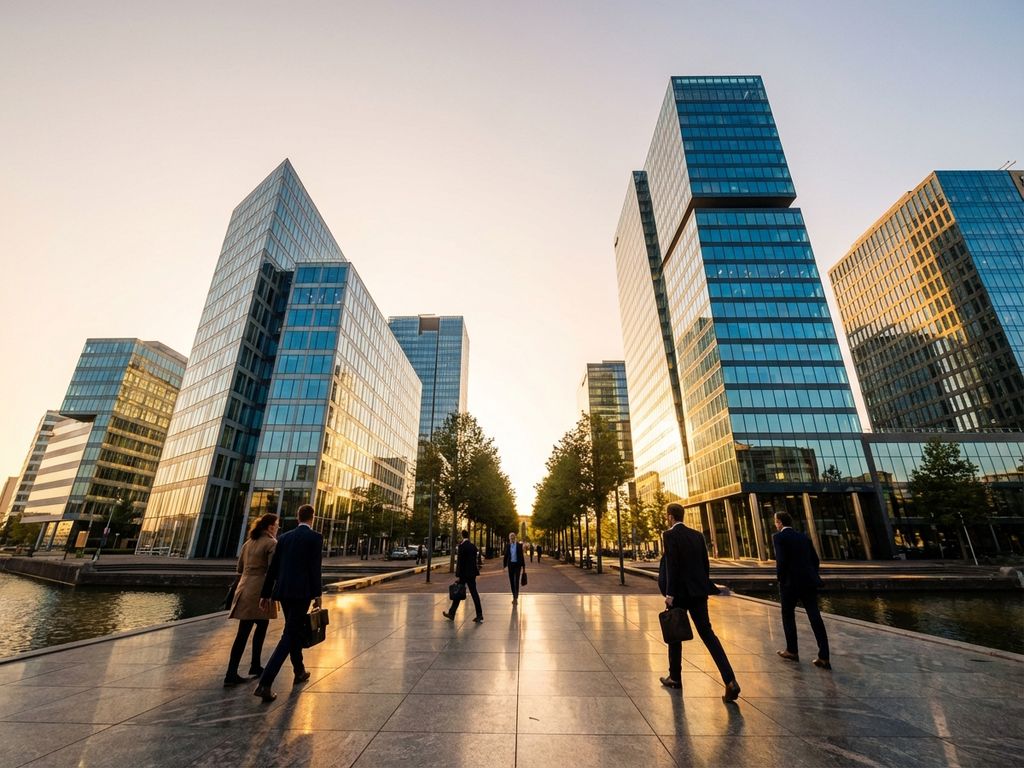 Modern glazen kantoorgebouw in Amsterdam Zuidas met zakenmensen op voetgangerspad tijdens gouden uur
