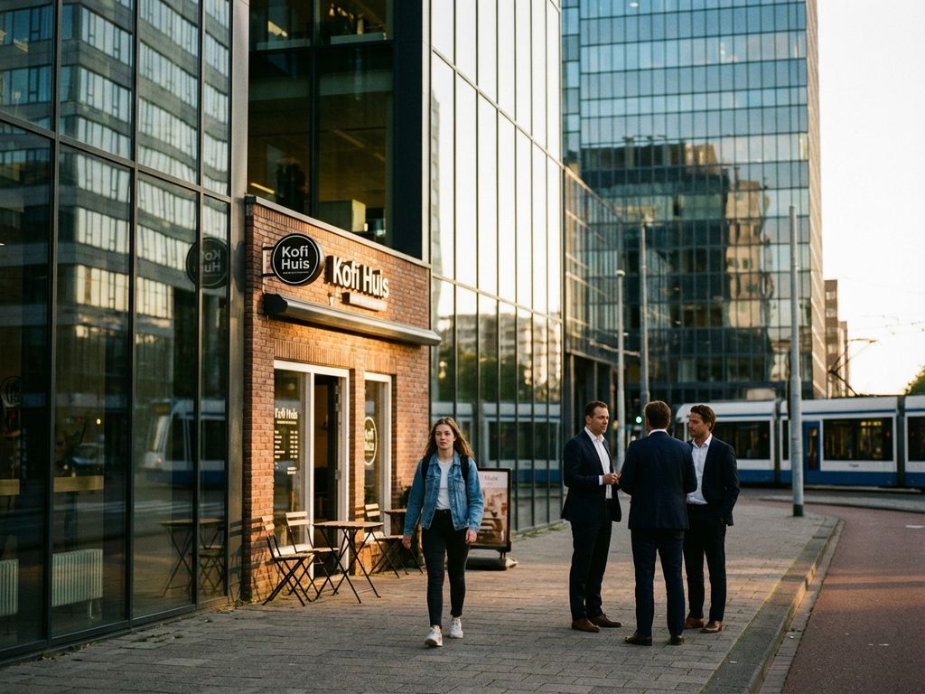 Jonge ondernemer loopt voorbij zakenmannen op Amsterdam Zuidas straat met koffieshop tussen glazen kantoorgebouwen