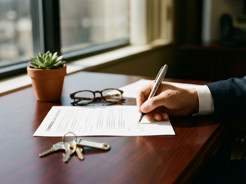 Business person signing commercial lease contract with fountain pen on mahogany desk with office keys and documents