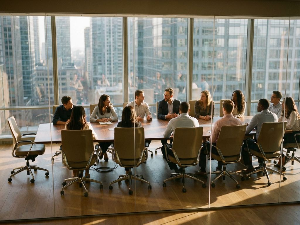 Diverse professionals meeting in modern glass conference room with empty chairs, city skyline visible through windows