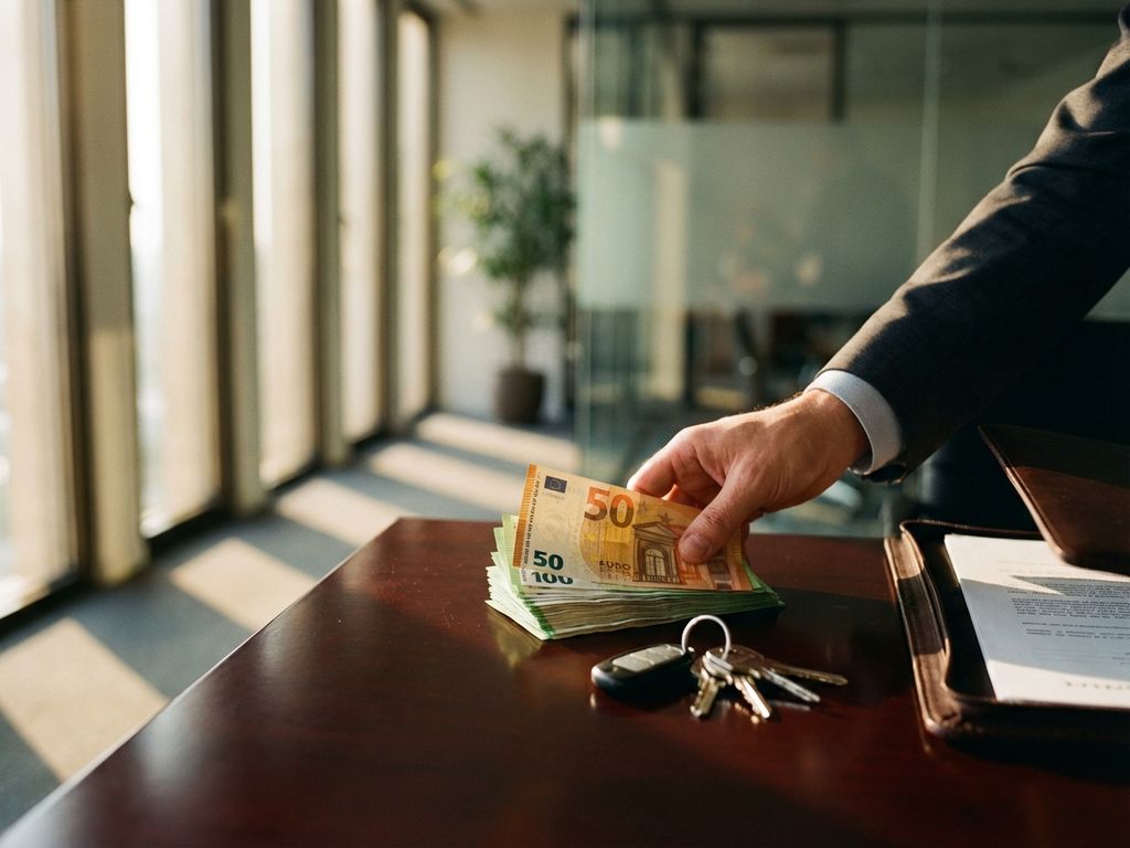 Businessman placing euro banknotes on mahogany desk next to office keys and open contract folder in executive setting.