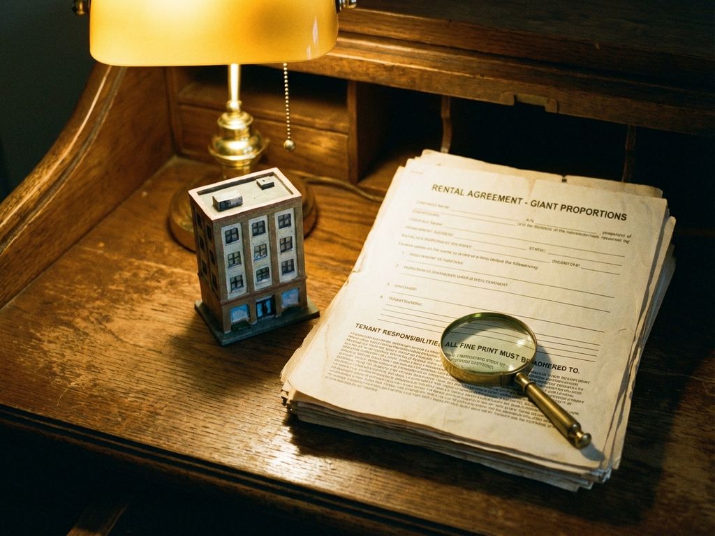 Miniature office building model next to oversized rental contract with magnifying glass on wooden desk under warm lamp lighting