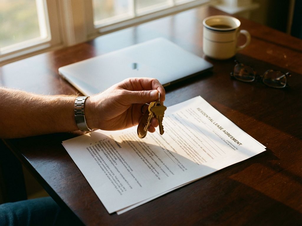 Businessman's hand holding house keys over lease contract on wooden desk with laptop and coffee cup in home office