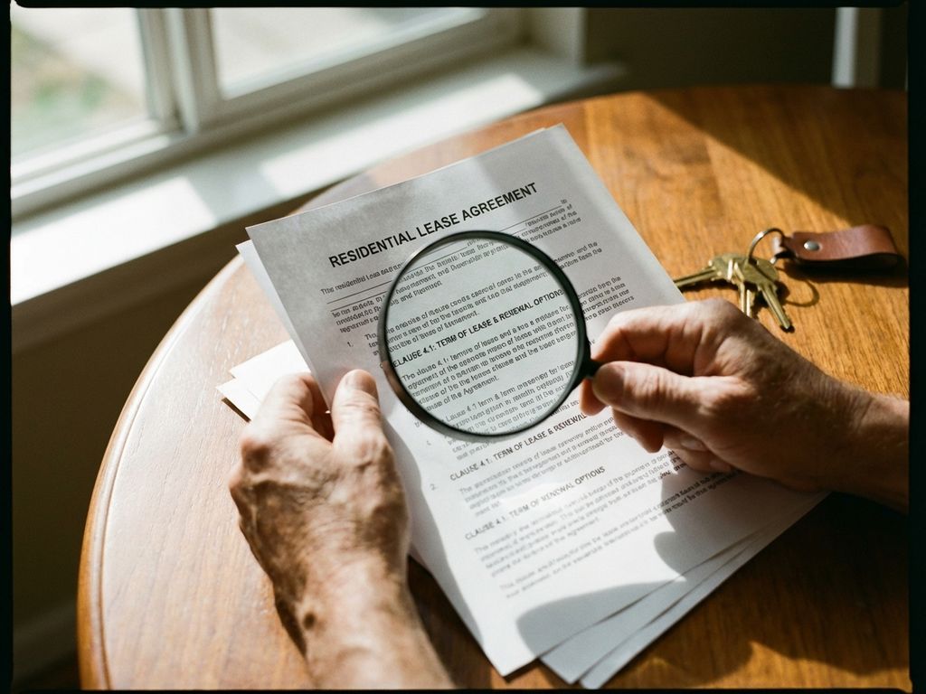 Hands holding residential lease contract with magnifying glass over clause section, house keys on wooden desk
