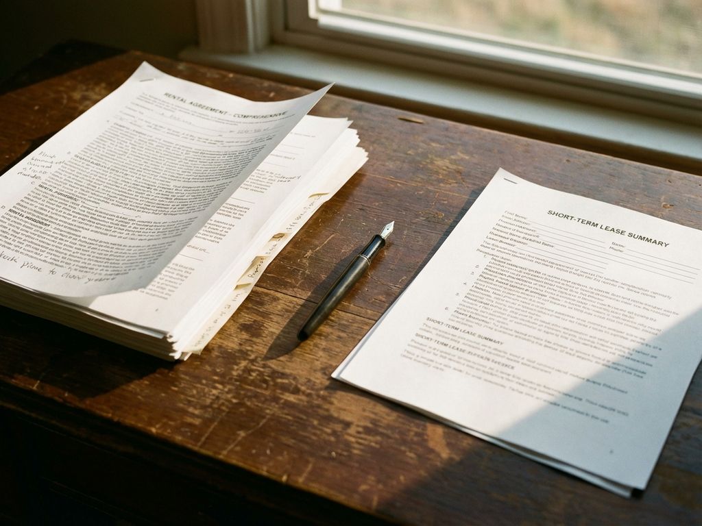 Two rental contracts on wooden desk, one thick with multiple pages, one single-page document, fountain pen between them