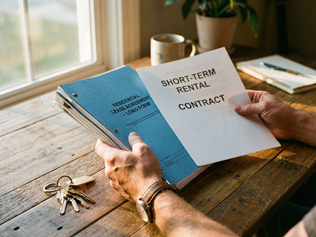 Professional hands comparing thick multi-page rental contract with thin single-page agreement on wooden desk beside house keys