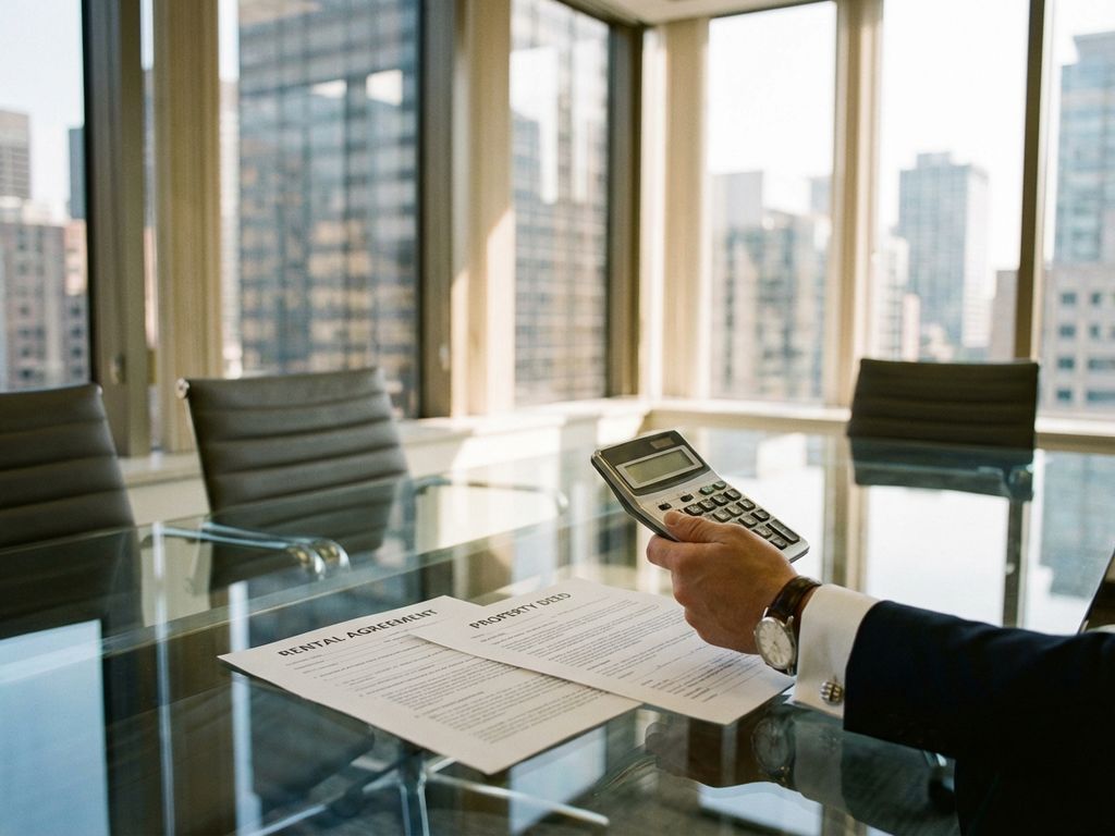 Businessman reviewing rental agreement and property deed documents with calculator at modern office conference table