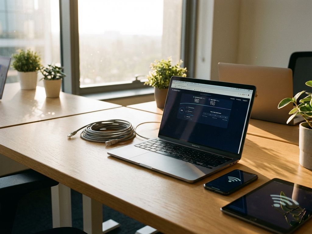 Laptop displaying internet speed test results on wooden desk with ethernet cables, smartphone and tablet in modern office