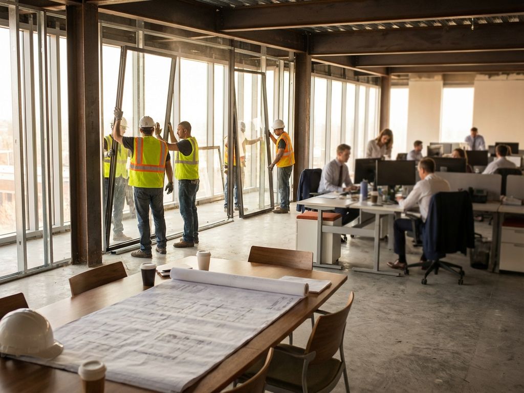 Architectural blueprints on conference table in modern office during construction with workers installing glass walls