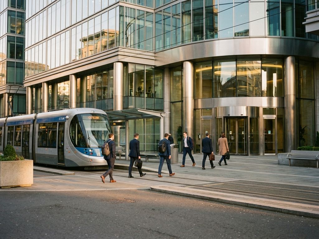 Business professionals walking from tram to modern glass office building entrance during golden hour lighting