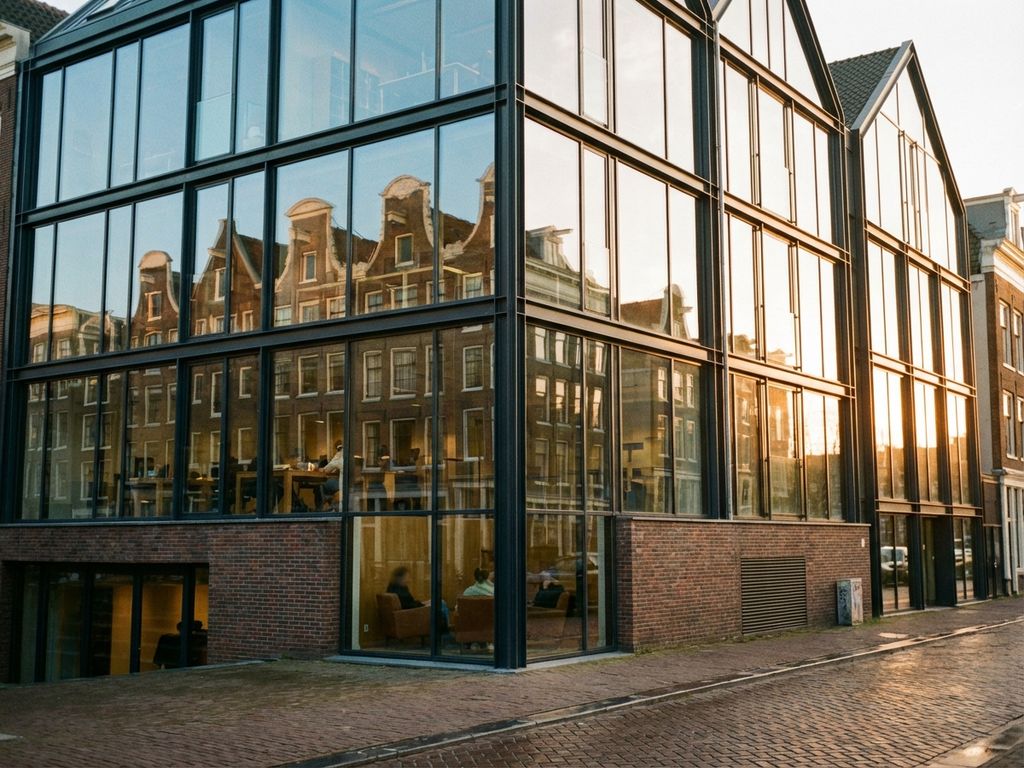 Modern kantoorgebouw met glazen gevel reflecteert Amsterdamse grachtenpanden, werknemers zichtbaar binnen, gouden uurtje