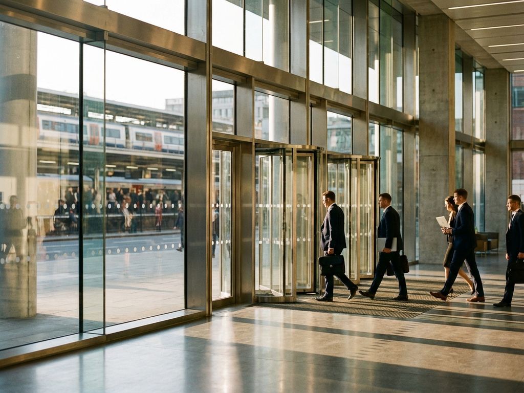 Modern glass office building entrance with businesspeople walking through revolving doors, train station reflected in windows