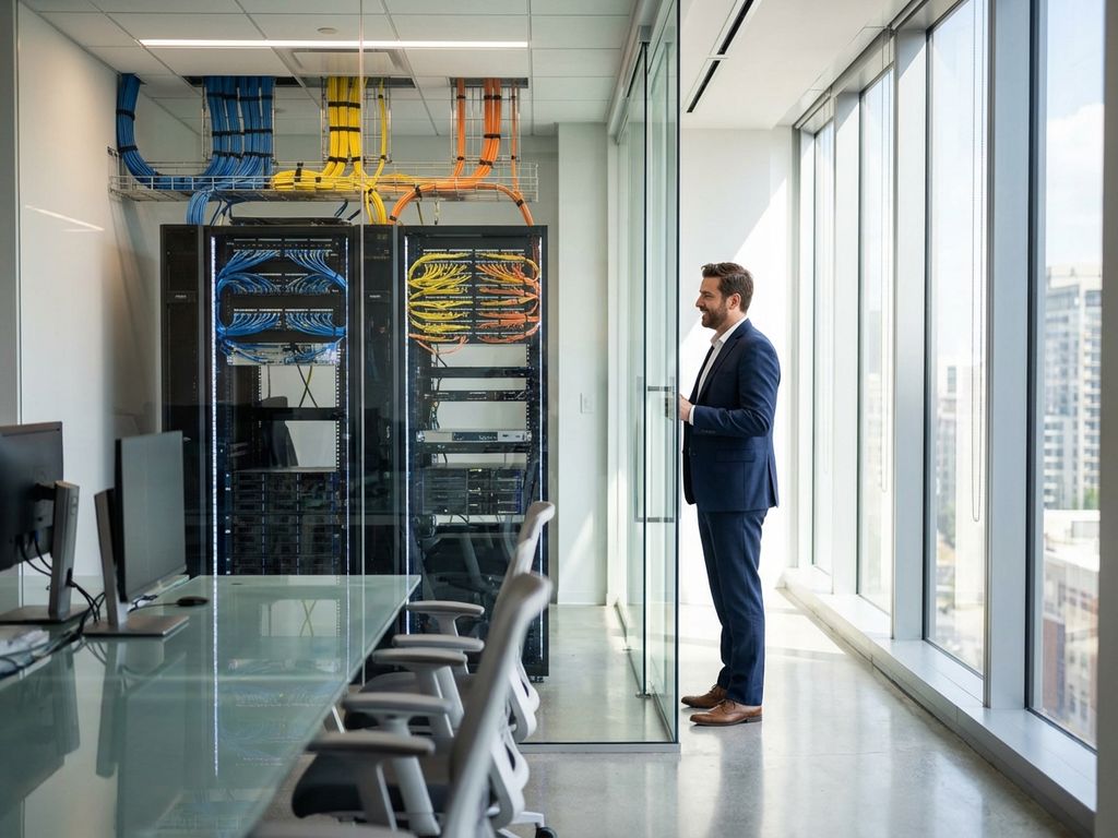 Business professional examining server racks and network cables through glass walls in modern office building interior.