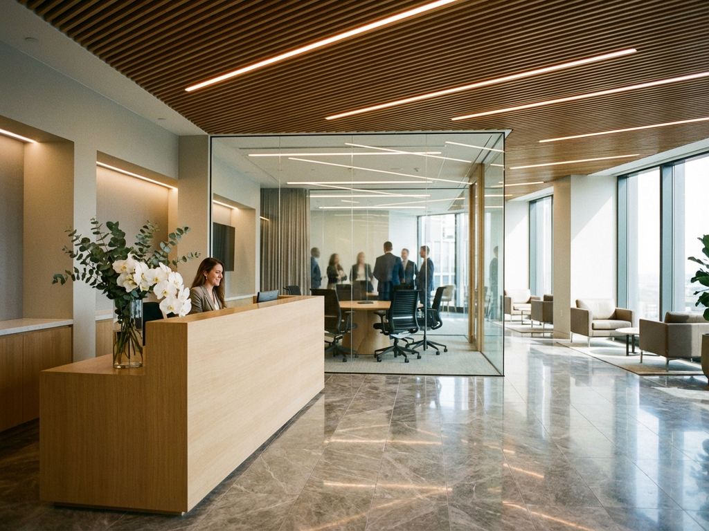 Modern open-plan office with glass conference room, reception desk with flowers, marble floors, and natural light.