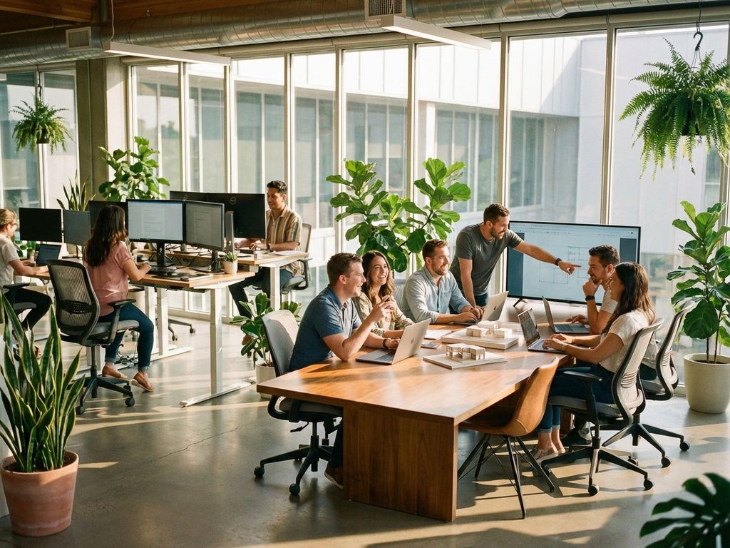 Employees collaborating at modern glass-walled office with natural light, ergonomic workstations and green plants