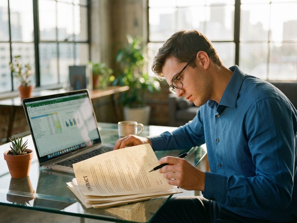 Young entrepreneur reviewing rental contract at modern office desk with laptop, coffee, and natural lighting