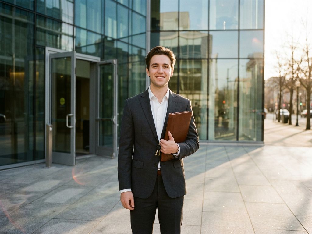 Young professional in business suit holding portfolio and keys outside modern glass office building at golden hour
