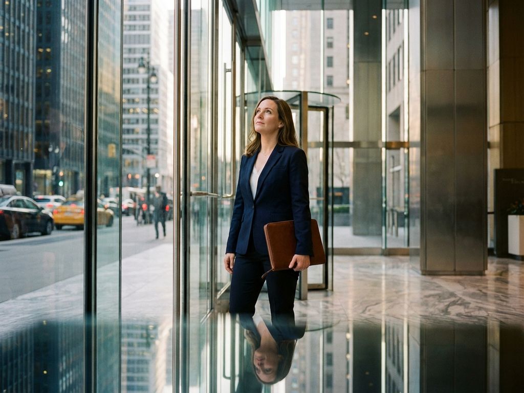 Professional businesswoman in blazer holding portfolio at modern glass office building entrance