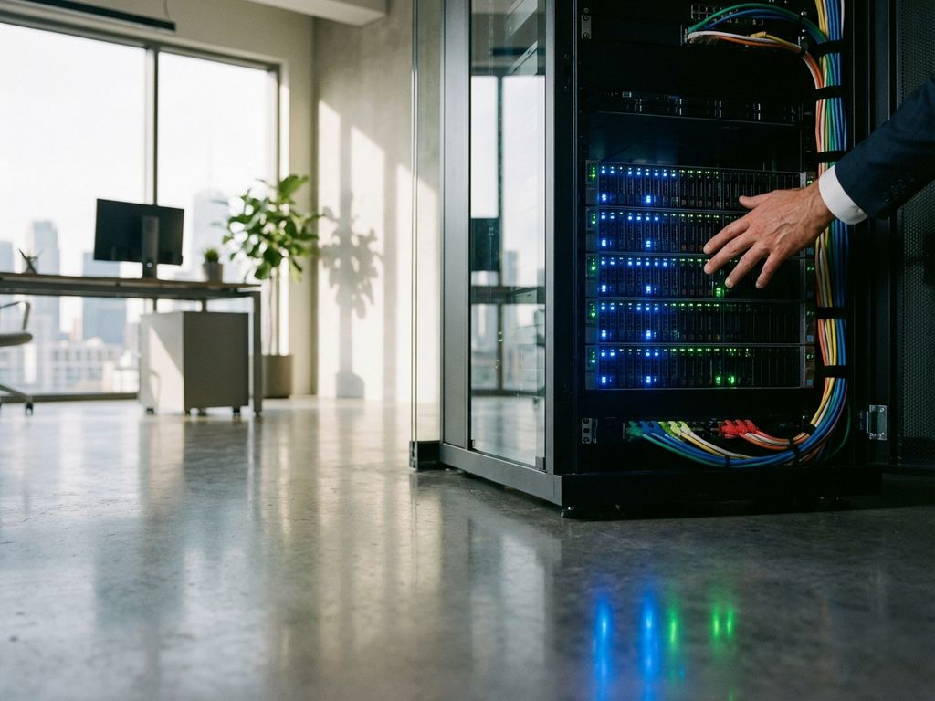 Server rack with blinking LED lights in modern office as businessman reaches toward panel, natural light from windows