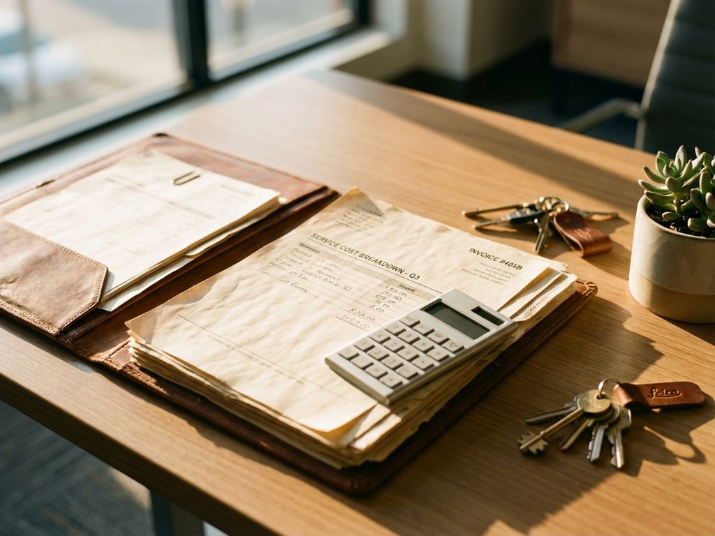 Service cost documents and invoices on office desk with calculator, keys, and plant in natural lighting
