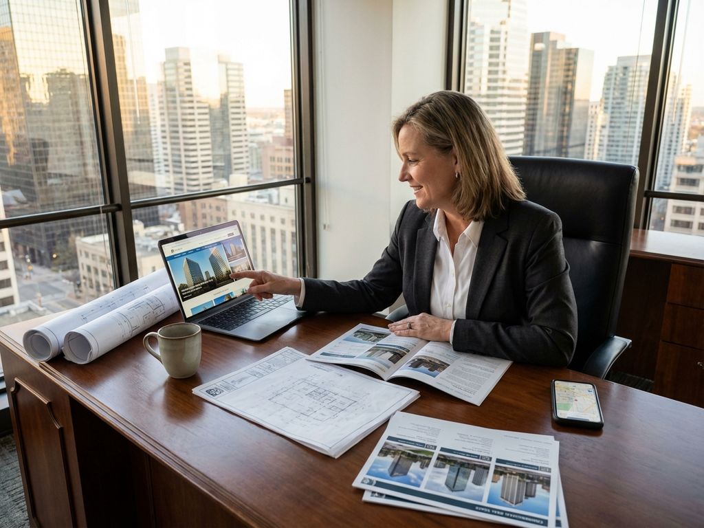 Zakenvrouw bekijkt commerciële vastgoedlijsten op laptop met plattegronden en brochures op bureau in modern kantoor