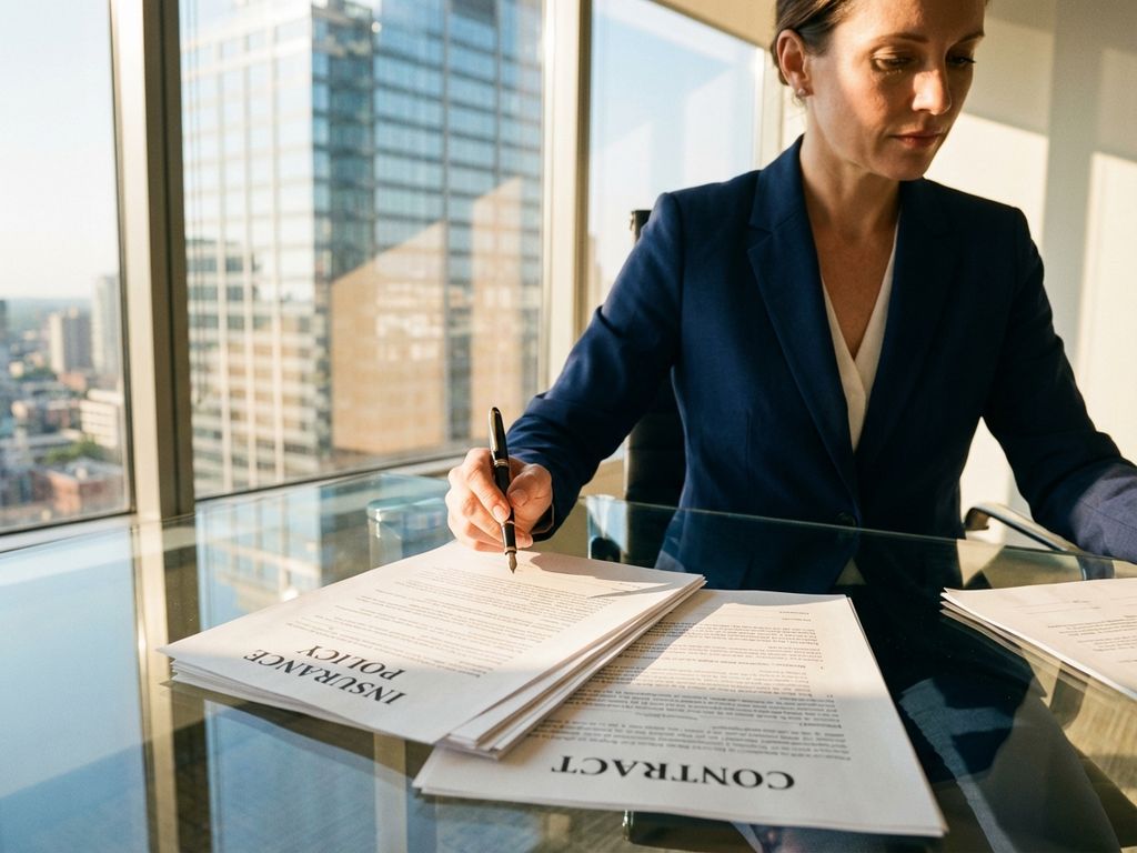 Professional businesswoman in navy suit reviewing insurance documents at glass desk in modern office with city view.