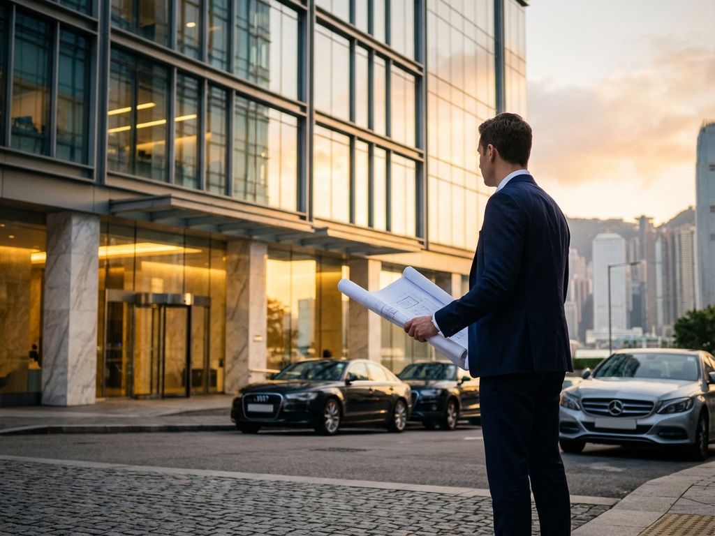 Professional businessman in suit holding architectural plans outside modern glass office building with luxury cars