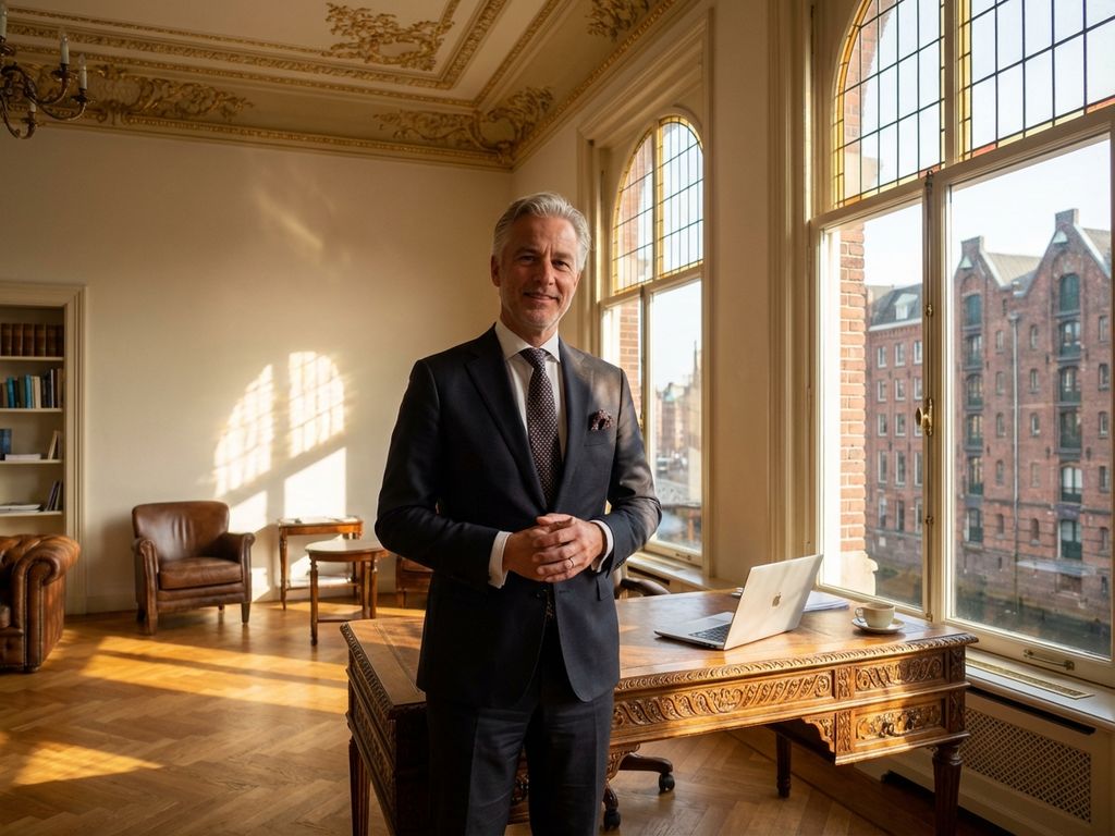 Zakenman in pak staat zelfverzekerd in historisch Amsterdams grachtenpand kantoor met 17e-eeuwse details en moderne werkplek.