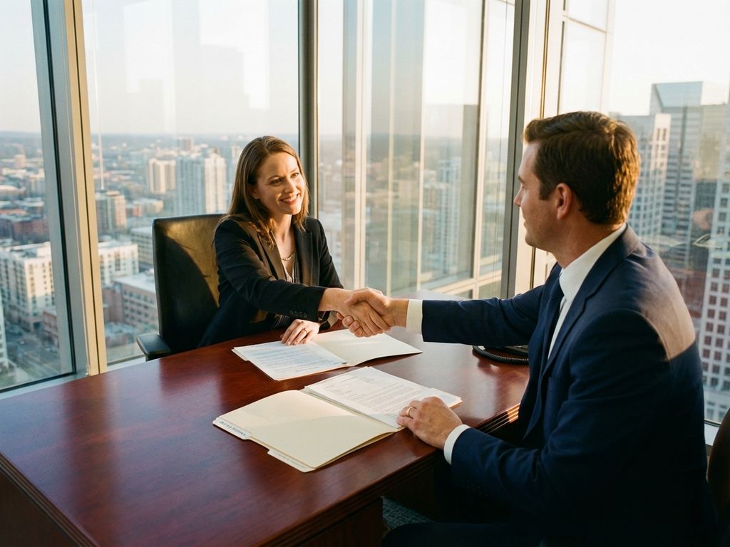 Businessman and female property manager shaking hands over financial documents in modern office with city skyline view.