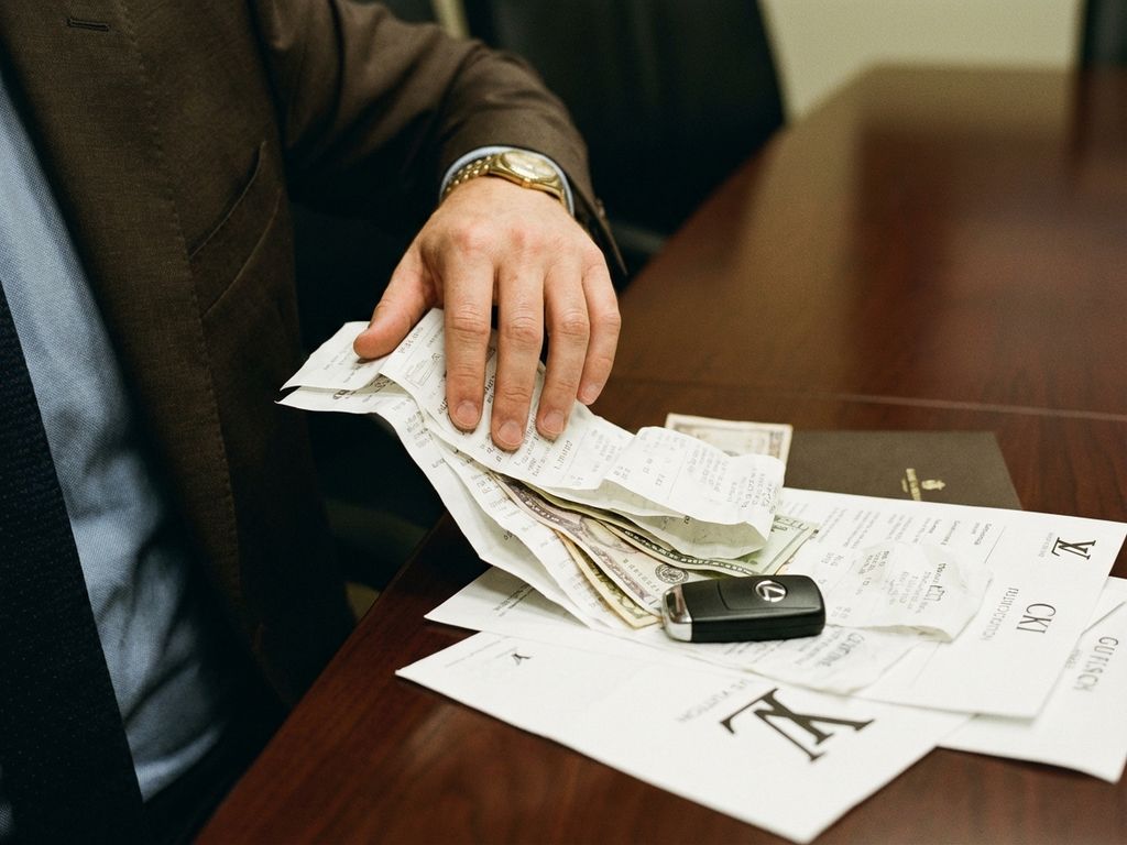 Businessman's hand reaching into suit jacket as receipts and bills scatter across conference table with office key fob