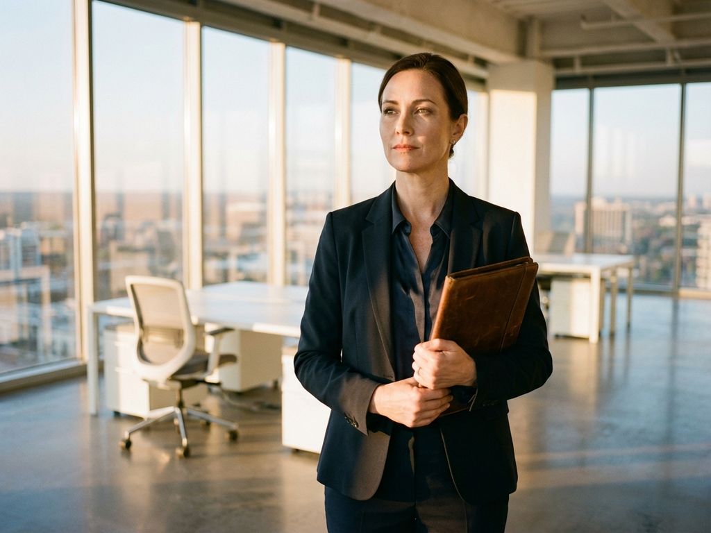 Professional businesswoman in tailored blazer holding portfolio in bright modern office with floor-to-ceiling windows