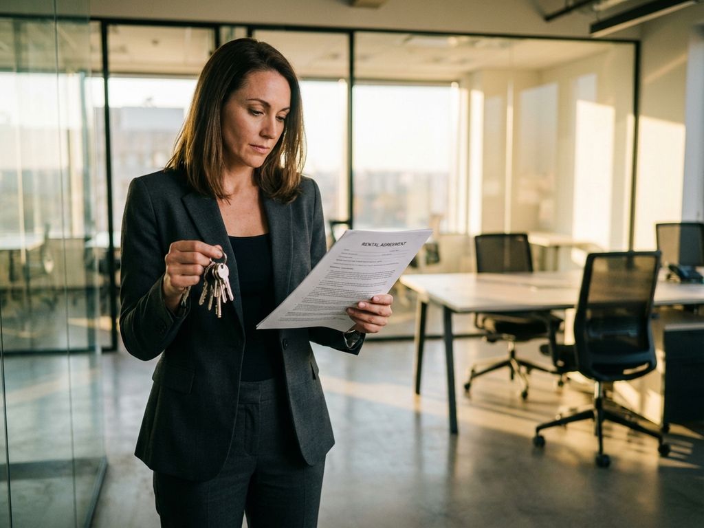Professional businesswoman in suit holding office keys and rental contract in modern glass office space