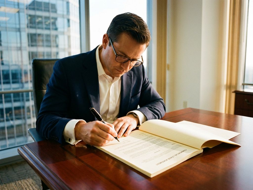 Businessman in suit reviewing commercial lease contract at mahogany desk in modern office with city view