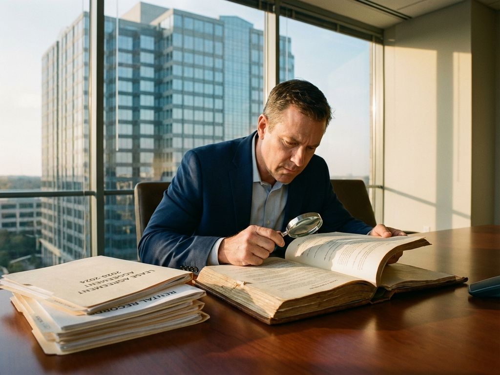 Businessman reviewing lease contract at mahogany conference table with rental documents in modern office setting.