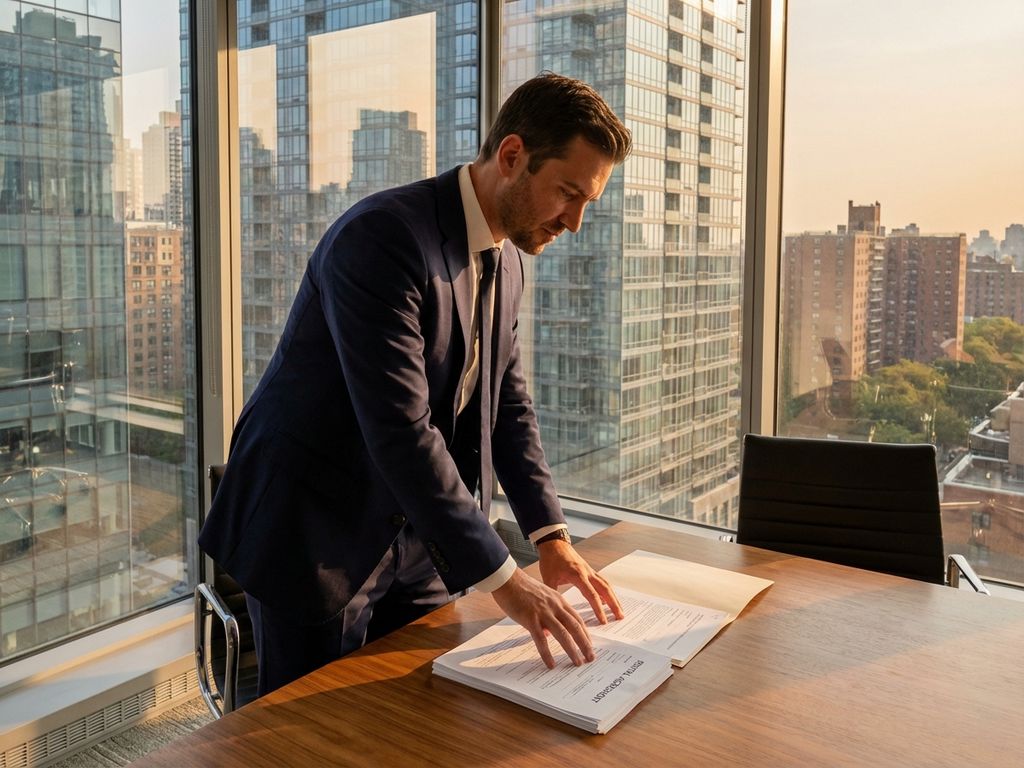 Businessman reviewing rental documents at conference table in modern office with city skyline view