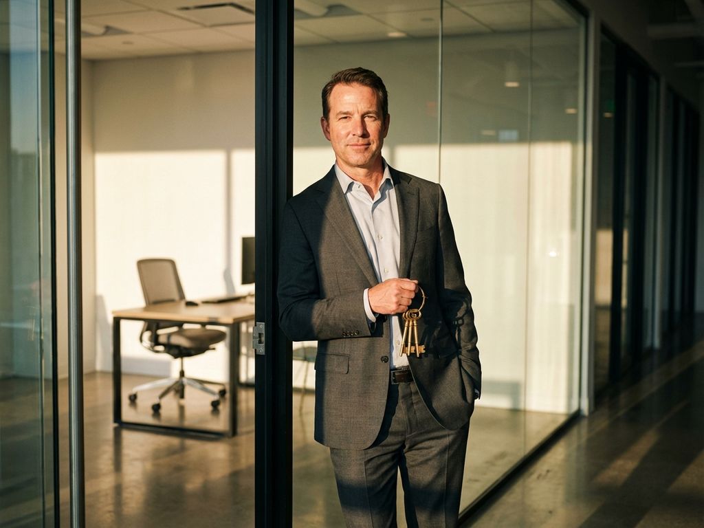 Professional businessman in tailored suit holding golden keys in modern glass office doorway with sunlight streaming through windows.