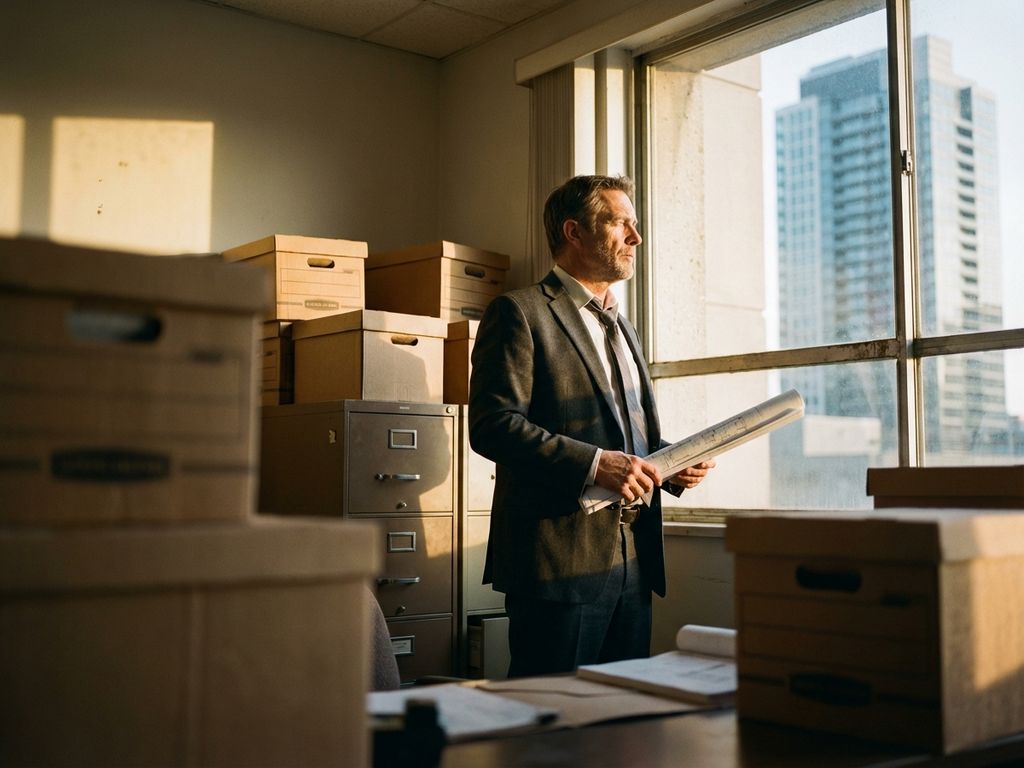 Businessman in suit holding architectural plans in cramped office with boxes, looking toward modern building through window