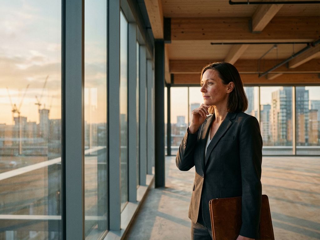 Professional businesswoman in tailored suit contemplating in empty modern office space with floor-to-ceiling windows