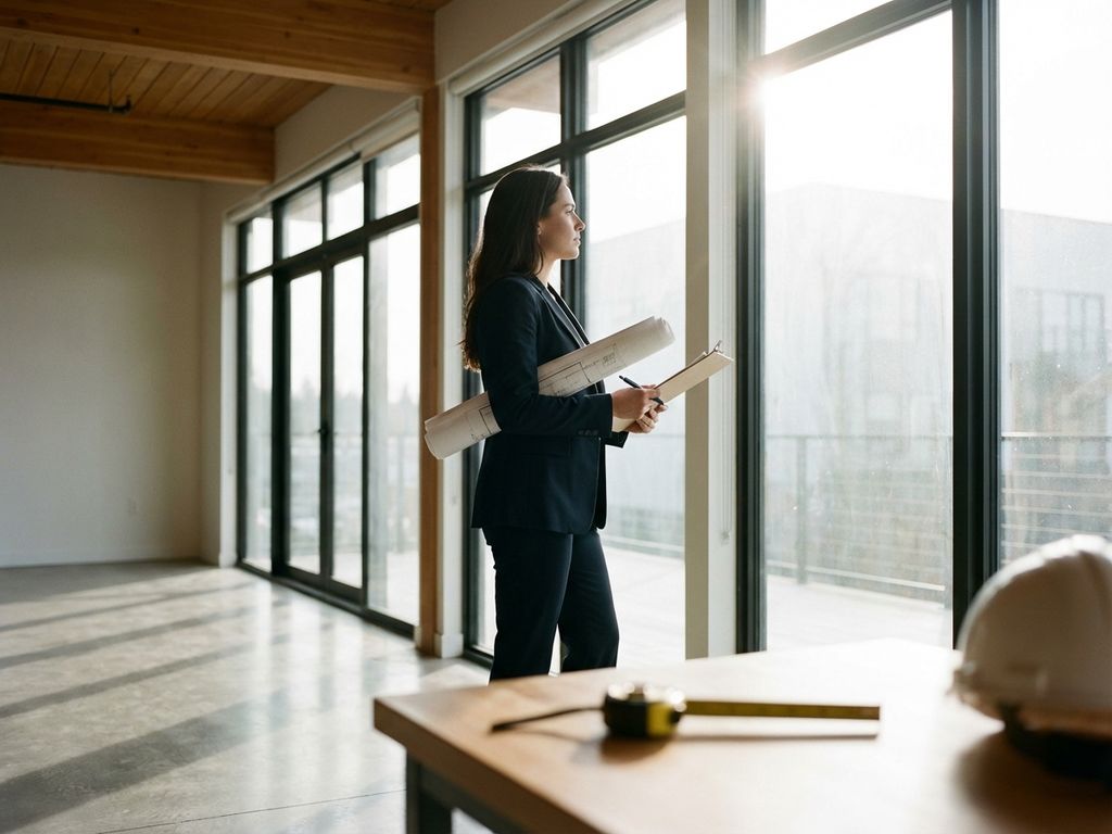 Businesswoman in suit reviewing architectural floor plans in modern empty office space with large windows and natural light.