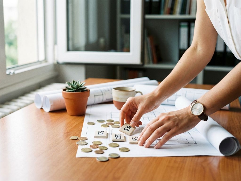 Businesswoman arranging percentage tiles and euro coins on wooden desk with architectural blueprints in bright office