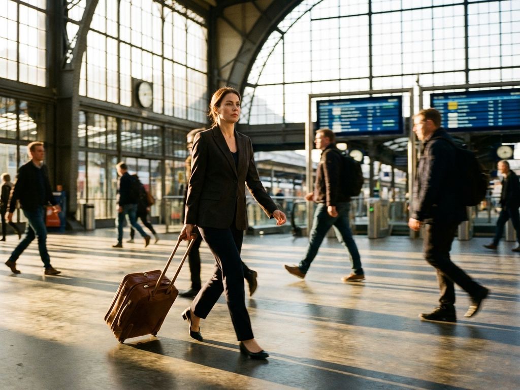Businesswoman in suit walking through modern train station with rolling suitcase, morning light streaming through windows.