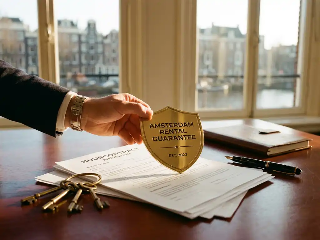Vastgoedmakelaar plaatst gouden garantiecertificaat op Amsterdamse huurcontracten op mahonie bureau met sleutels