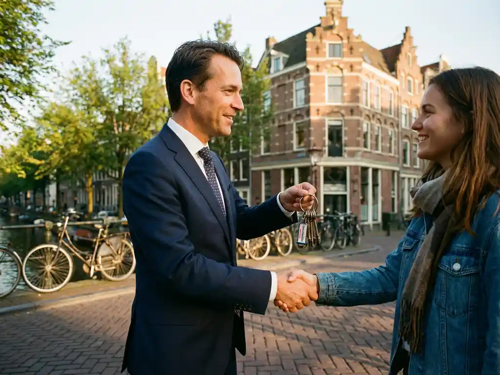 Nederlandse makelaar schudt handen met huurder voor Amsterdams grachtenpand met sleutels in hand